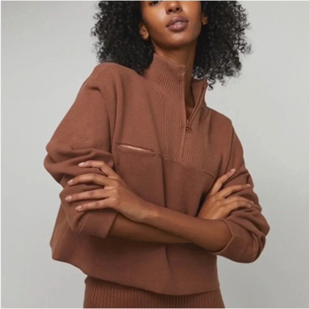 NWOT Lunya Cozy Silk Cotton Quarter Zip Pullover Sweater Womens M Walnut Brown